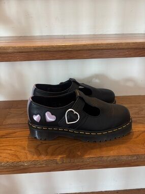 Dr. Martens Black Mary Jane Shoes with Pink Heart Accents
